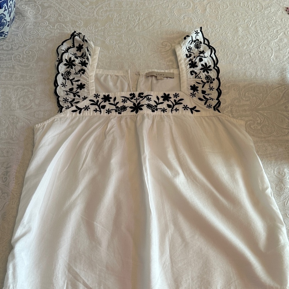 LOFT White Blouse with Black Embroidery